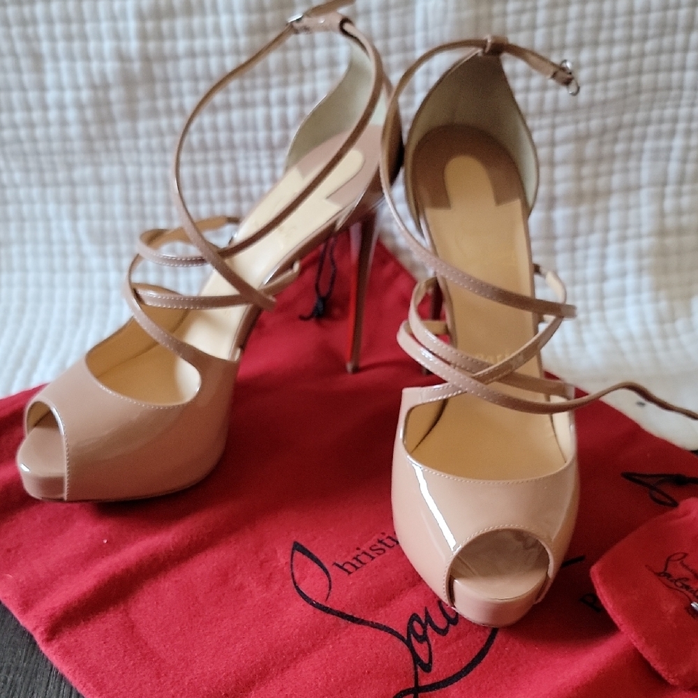 Christian Louboutin Tan Strappy Peep-Toe Heels